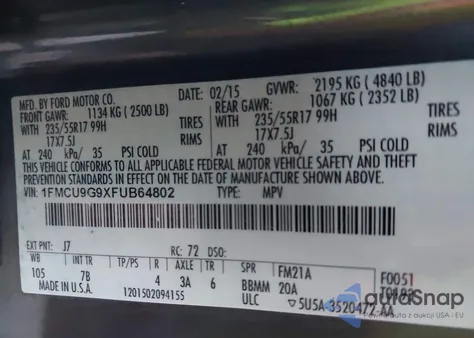 2015 Ford Escape Se z USA, uszkodzony, nr VIN 1FMCU9G9XFUB64802